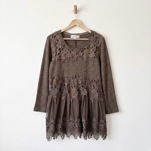 Pretty Angel Brown Linen Blend Lace Tunic Top Dress Womens Medium Boho Lagenlook